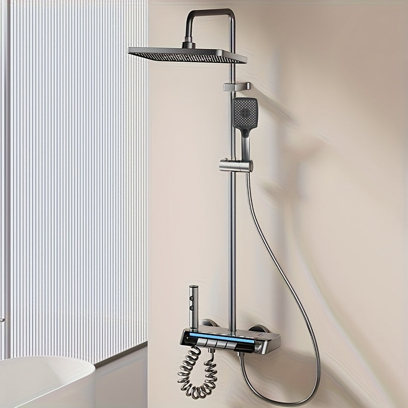 Luxury Digital Shower Set, Suitable for Home and Commercial Bathrooms, Easy to Install and Clean, Ambient Light Rainfall Head with Four Water Flow Outlets, Adjustable Pressure and Temperature, Enhanced Water Jet and Air Spray Experience, Ideal Bathroom R