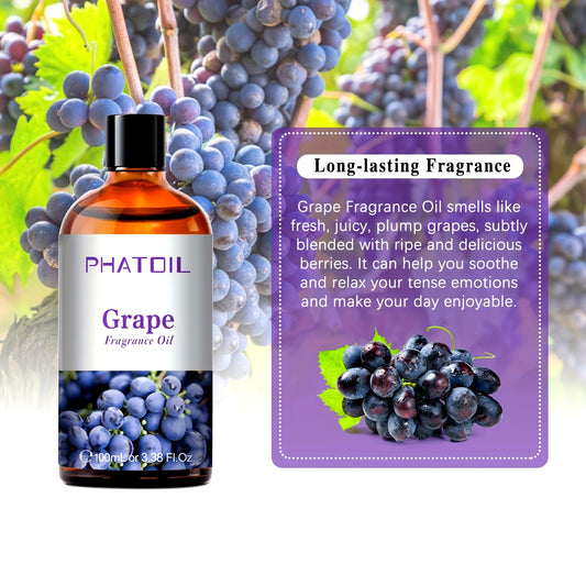 PHATOIL Grape Essential Oil - Alcohol-Free, for Diffuser, Humidifier, DIY Skincare, Spa, Massage - with Dropper Cap - Suitable for Sensitive Light Beige, All Light Beige Types - 3.38fl.oz (100ml) - Luxury Fragrance Oil, Grape Essential Oil, Skincare Rout