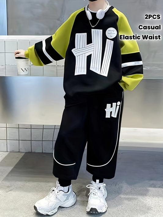 Boys' 2pcs Set, Spring/Autumn Medium-Large Size Sports Casual Comfortable Letter Print Raglan Sleeve Contrast Hoodie + Elastic Waist Side Pocket Pants Outfit, Perfect for Outdoor