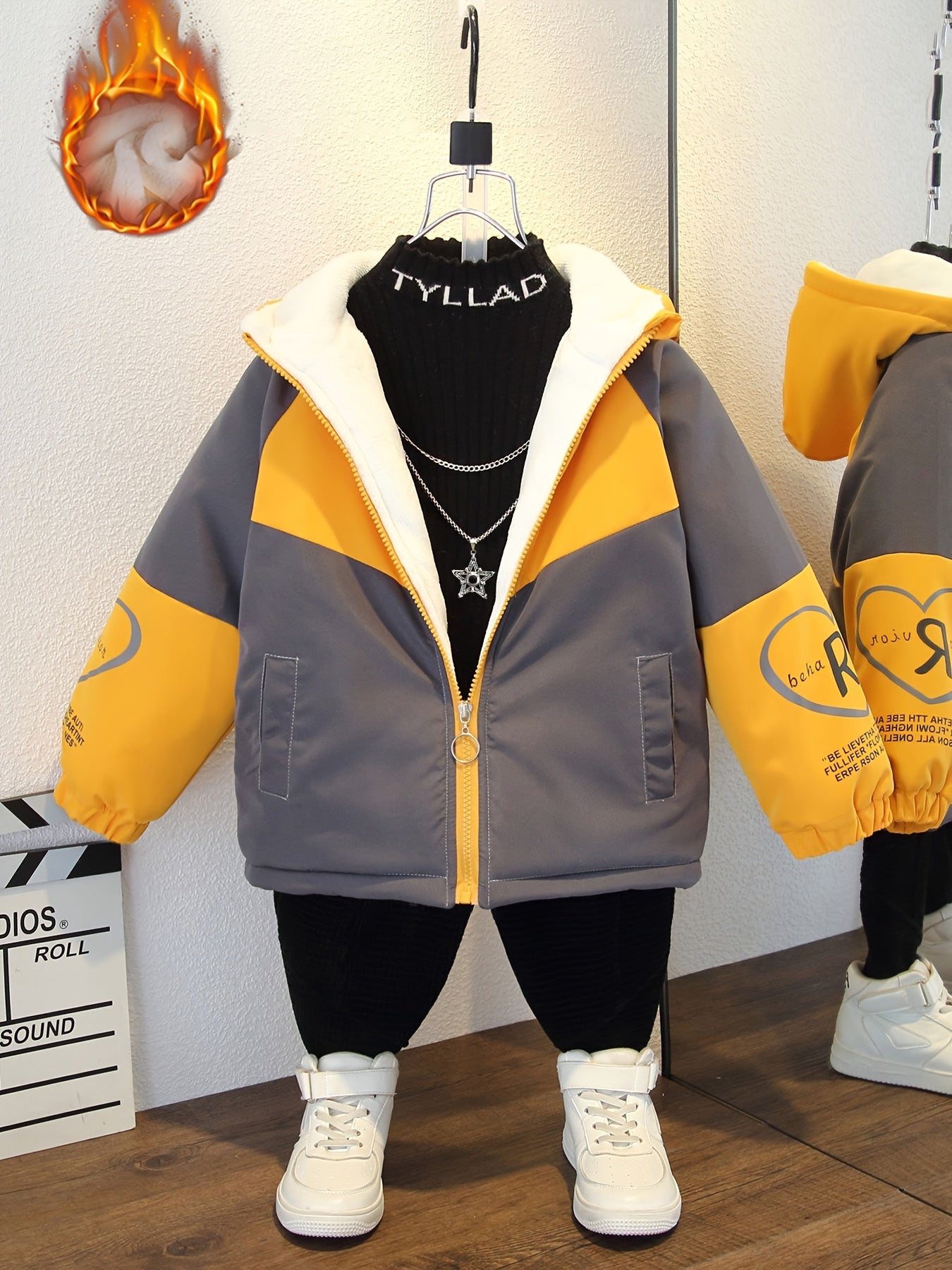 Youngsters' Brightten Autumn & Winter Parka - Cozy Fleece-Lined Thick Hooded Jacket with Love & Letter Print, Contrast Yellow & Gray, Loose Fit, Zip-Up Closure for Boys & Girls