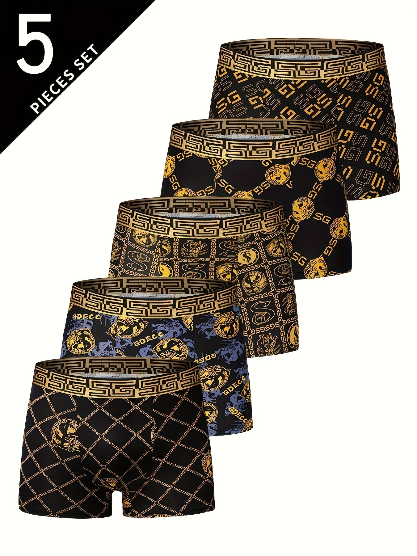 5pcs GDECC Men's Ultra-Thin Breathable Boxer Briefs, Black and Golden Knight Chain Design, Soft Stretch Polyester, Ideal for Daily Wear and Special Occasions, Special Occasion Underwear|Knight Chain Pattern|Smooth Fabric Underwear