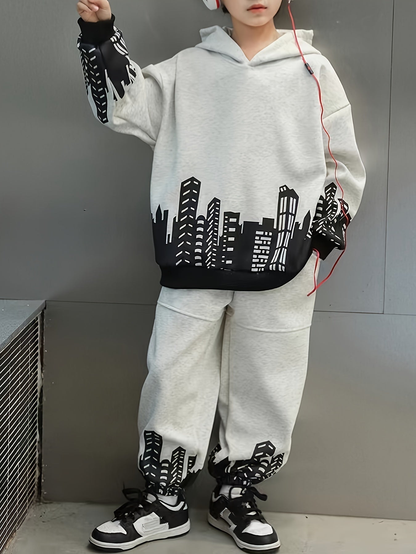 Boys' 2pcs Set, Spring/Autumn Casual Sports Hoodie with Print Pattern + Elastic Cuffed Pants Two-Piece Suit for Medium-Large Size
