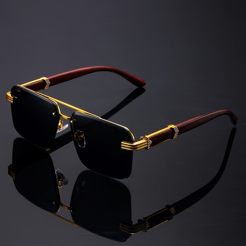 2pcs/SET retro frameless fashionable glasses for women, square decorative glasses with classic wood grain legs for men