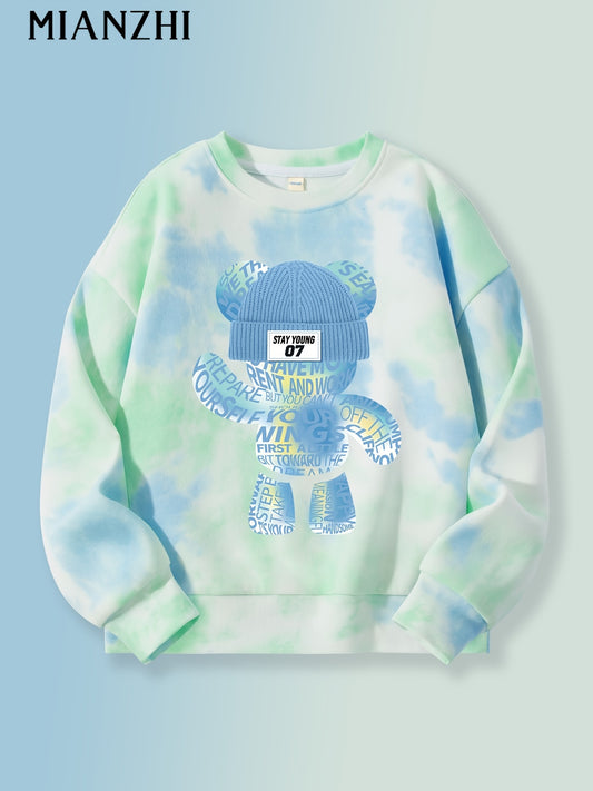 WonderKids Boys' Spring/Autumn Fashion Tie-Dye Round Neck Sweatshirt with Cartoon Bear Print, Perfect for Outdoor Casual and Sports Wear