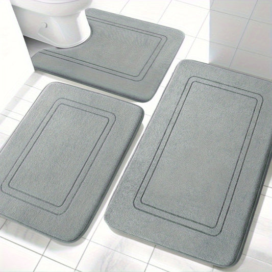 3pcs Soft Purple Memory Foam Bathroom Mats - Non-Slip, Ultra Absorbent, Machine Washable, U-Shaped Toilet Stands, Polyester Blend, Lightweight, Rectangular Design for Bathroom Floor, Bathroom Floor Mat|Ushaped Toilet Mat|Polyester Blend Mat, Bathroom Mat