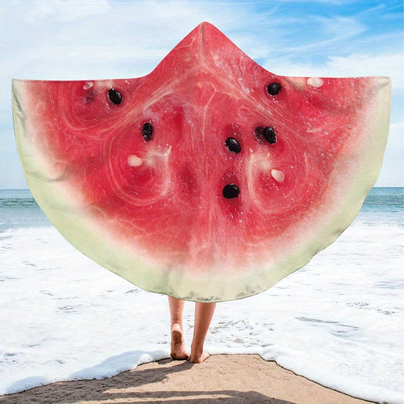 Extra Large Microfiber Hooded Beach Towel 149.86cm x 200.66cm - Wearable, Functional Poncho Cape with Button Detail, Pink Watermelon Design, Oversized Bath Wrap for Adults, Beach
