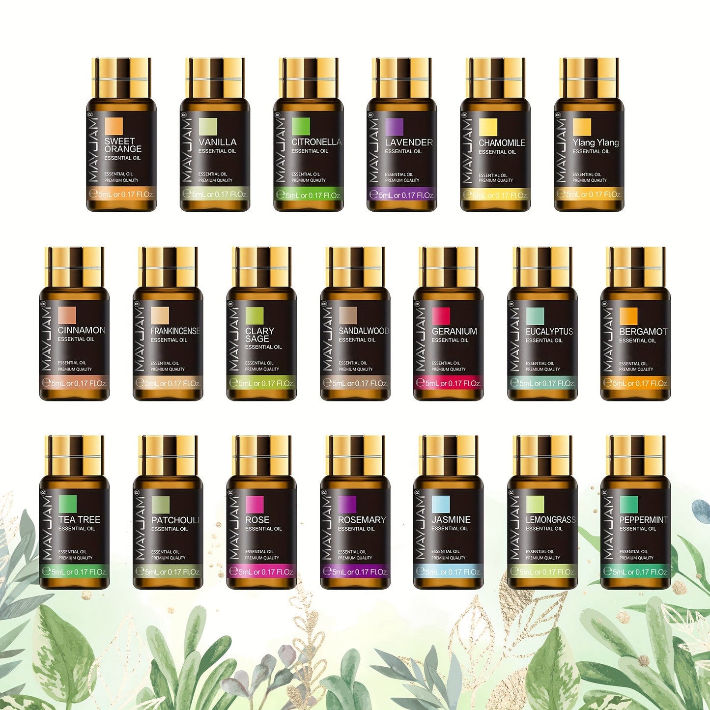 MAYJAM 20*5ml Alcohol-Free Essential Oil Set Gift Box Suitable for Humidifiers, Diffusers, Craft Making, Holiday Gifts, Travel Carry-On Includes Lavender, Jasmine, Eucalyptus, Vanilla, Frankincense, Peppermint, Sandalwood, Sweet Orange, Ylang-Ylang, Rose