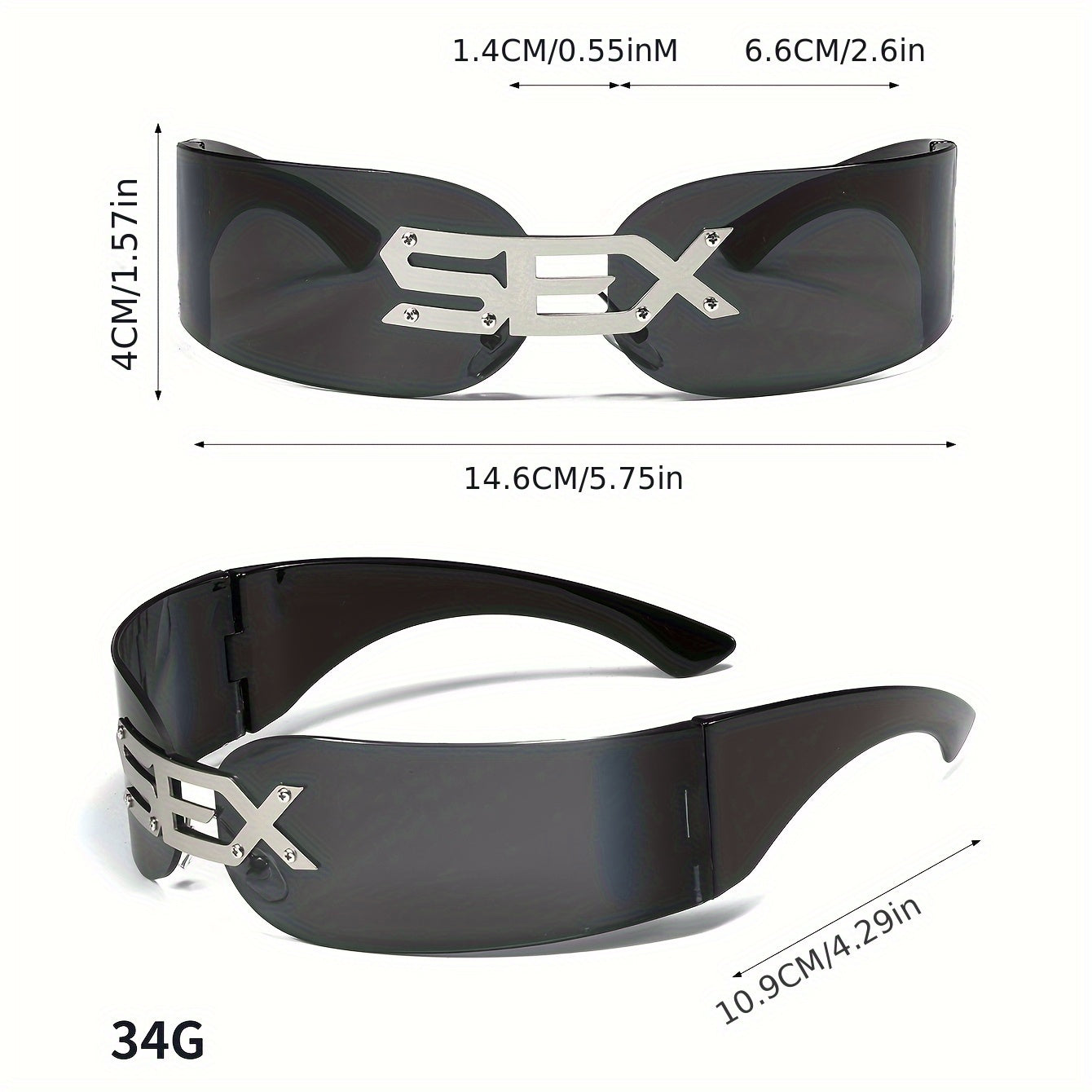 1pc Cyberpunk Futuristic Glasses with "SES" Metal Letter Black Frame - Frameless, Windproof, Stylish for Men and Women, Casual Style, Decorative Glasses, Casual Glasses | Futuristic Design | Durable Glasses