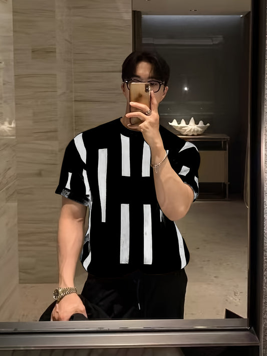 Men'S Casual Crew Neck Knit Sweater - Short Sleeve, Rayon, Color Block Design with Black & White Vertical Stripes, Summer Pullover for Casual Attir