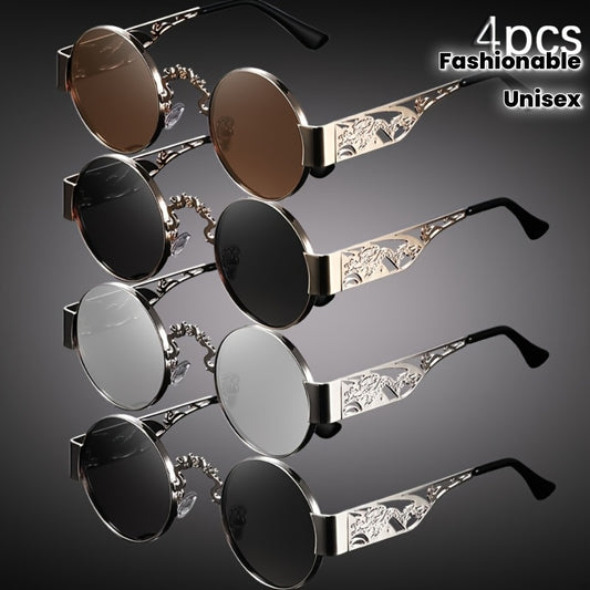 4-Pack Double Dragon Playing Ball Thick Frame Hollow Personality Printed Wide Leg Metal Fashionable Unisex Glasses Suitable for Photography Props