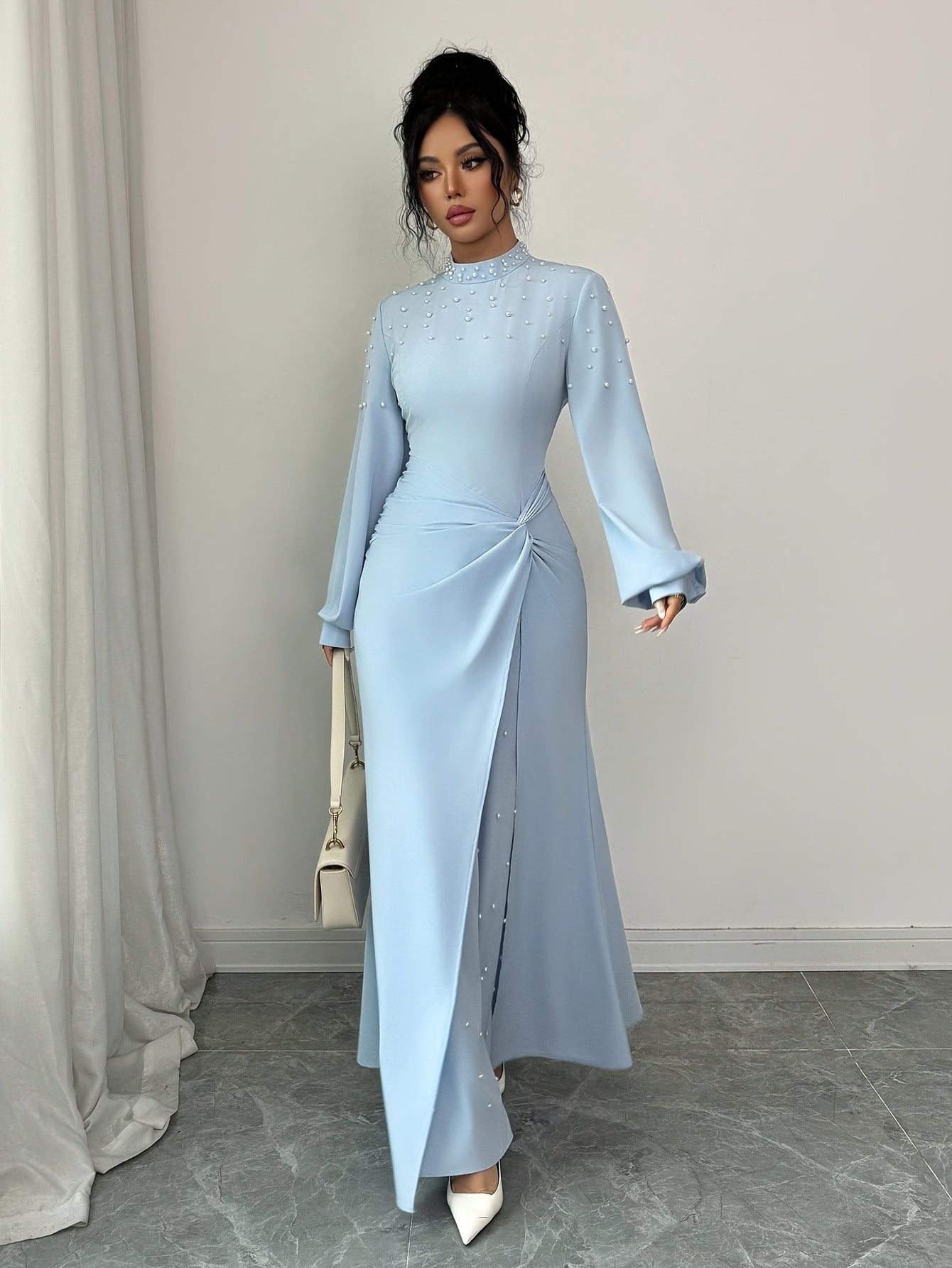 Women'S Fashion Elegant High-End Direction Stand Collar Twist Knot High Slit Long Dress Elegant Evening Party Dress Light Blue Rhinestone Long Sleeve Dress Women'S Elegant Casual Dress, Party Dress, Evening Party Dress, Long Dance Dress, Dresses