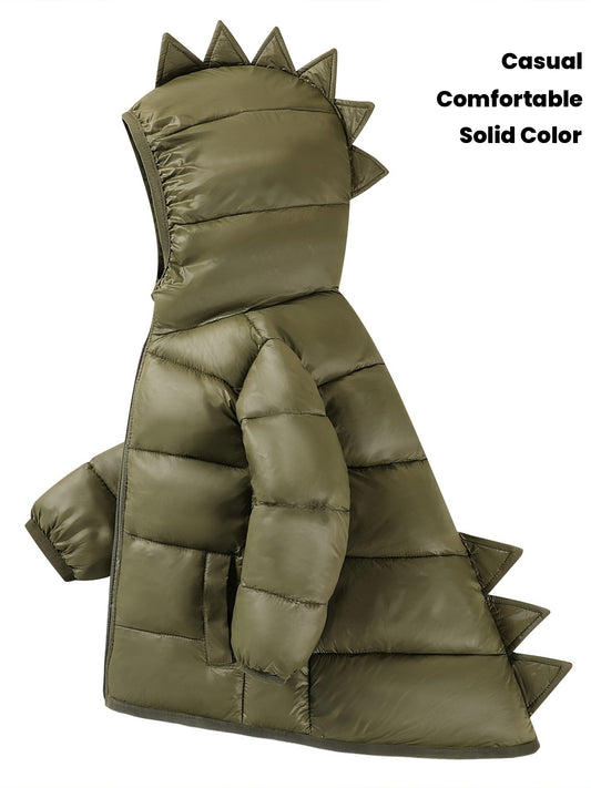 Children's Autumn and Winter Warm Padded Coat with Dinosaur Design, Windproof Thickened Jacket, Solid Color Cute Bread Style Casual Sporty Comfortable Mid-Length Basic Cartoon Outerwear for Boys