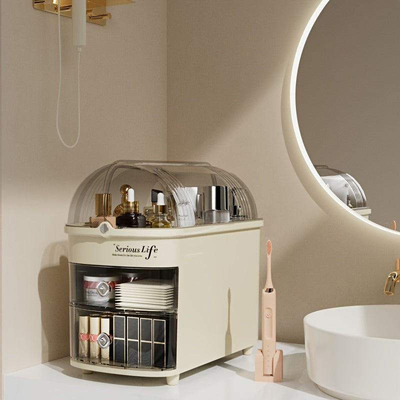 Life Declaration Large Multi-Layer Acrylic Makeup Organizer with Transparent Dustproof Cover - Beige Cosmetic with Golden-Toned Knobs, Freestanding Vanity Case for Skincare, Bathroom & Bedroom, 34.49cmL x 19.0cmW x 30.0cmH (Plastic, Makeup Organizers Sto