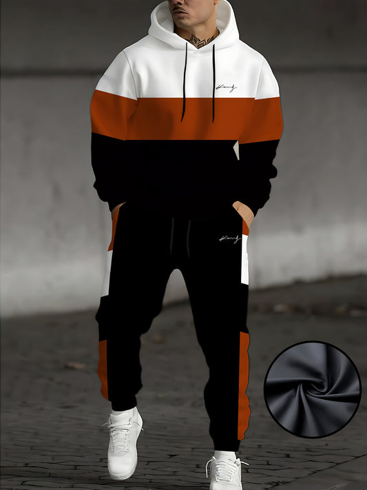 Men'S Casual Sportswear Set for Autumn And Winter, Featuring a Hooded Sweatshirt with Color-Block Design, Along with Matching Long Pants, Suitable for All Seasons.