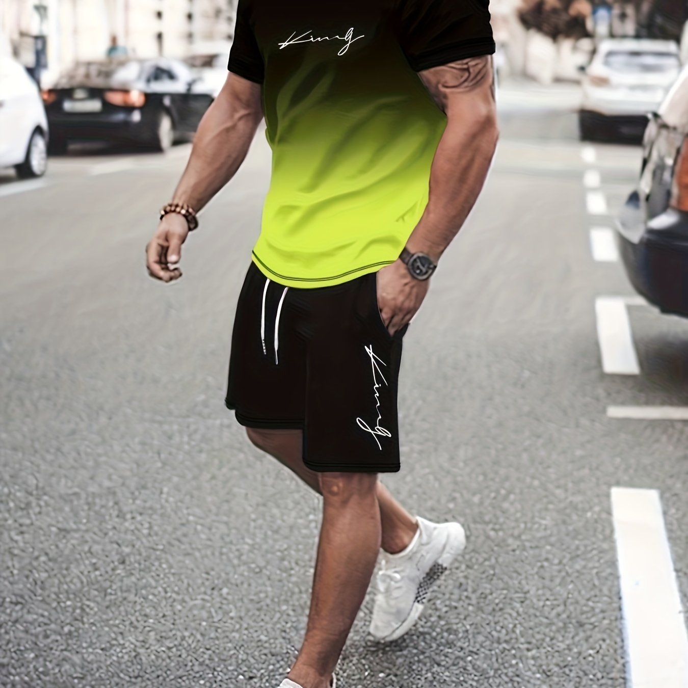 Ombre 2Pcs Trendy Outfits For Men, Casual Crew Neck Short Sleeve T-shirt And Drawstring Shorts Set For Summer, Men's Clothing Vacation Workout