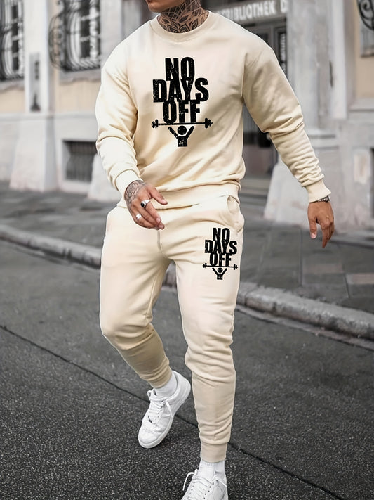 2-Piece NO DAYS OFF Outfit for Men: Crew Neck Long Sleeve Pullover Sweatshirt and Drawstring Sweatpants Joggers Set for Spring Fall