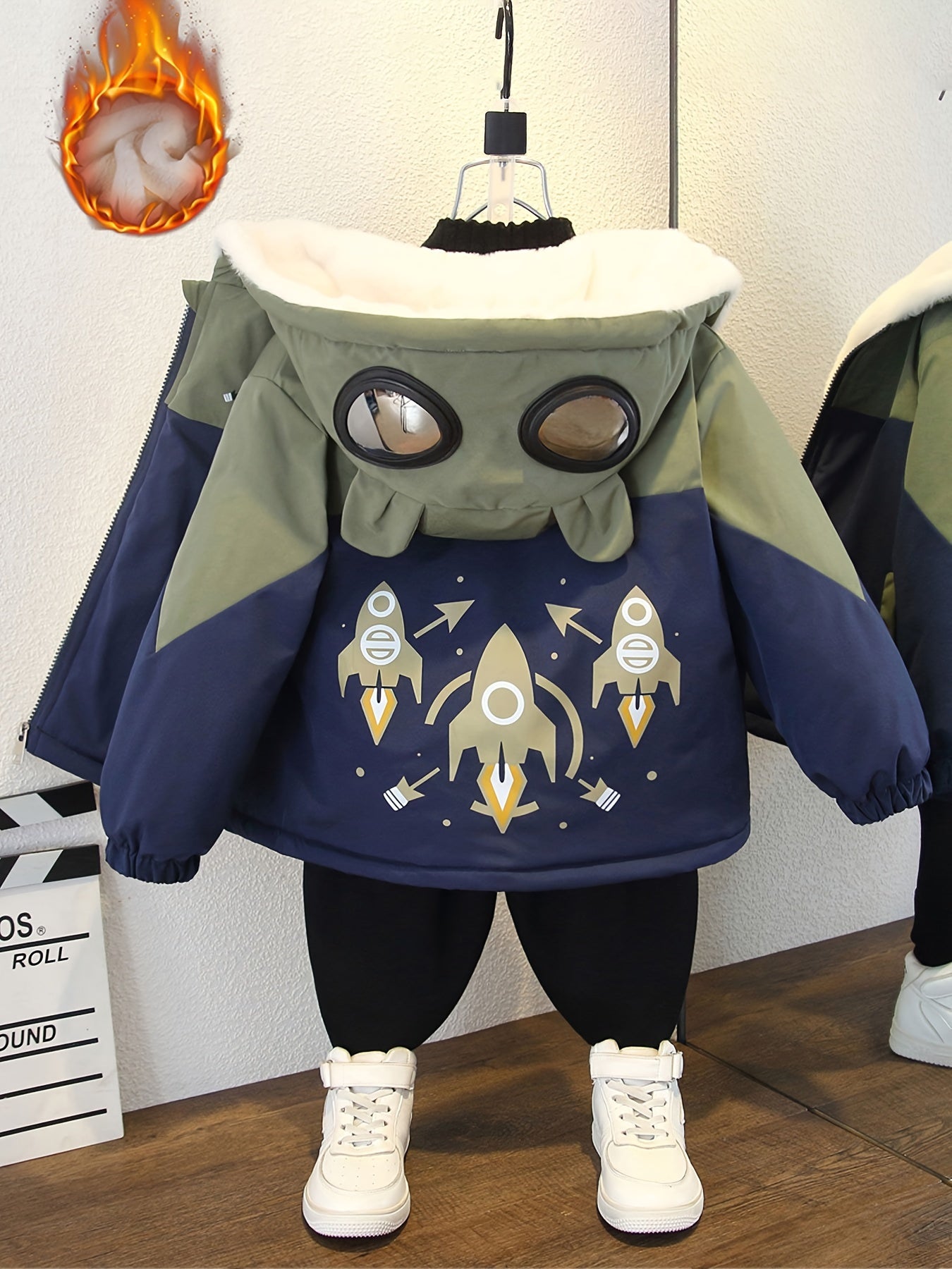 Boys' Casual Fleece Parka with Hood, Long Sleeve, Zippered Closure, Color Block Pattern, Rocket Print, Polyester 100% - Loose Fit, Woven, Non-Stretch, All-Season Warmth