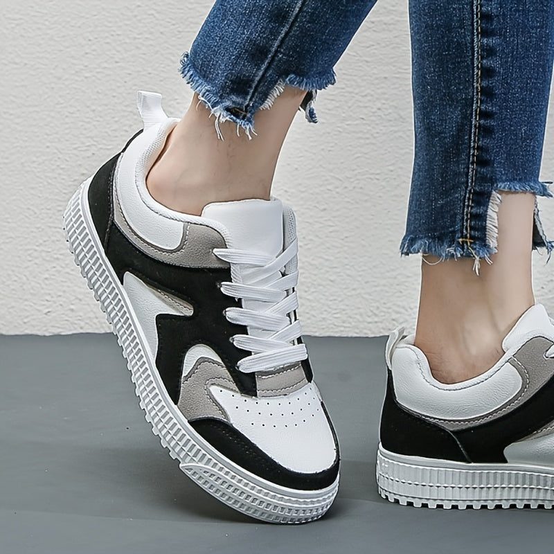 Women's Fashion Color Block Sneakers, Casual Faux Leather Lace Up Low Top Shoes, Lightweight Student Shoes plus size, men & women, unisex