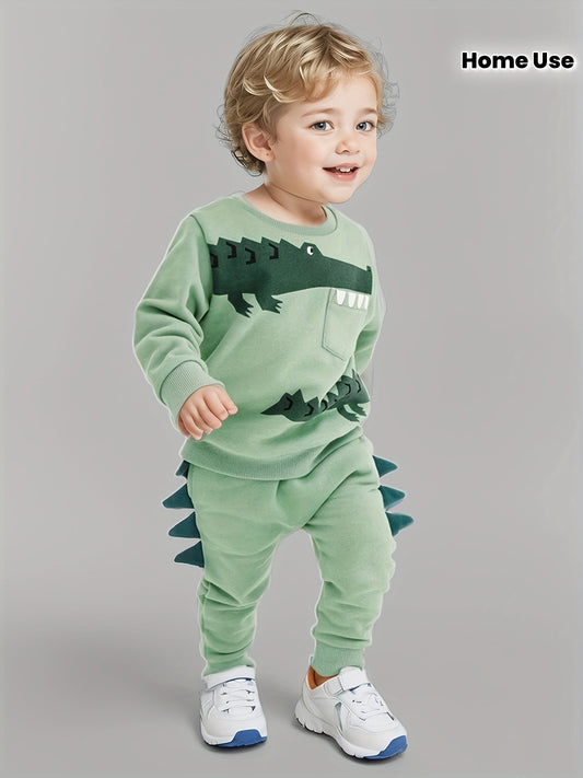 Firstmovements Offers a 2pcss Boys' Cartoon Dinosaur Print Sweatshirt Set, Made from Comfortable Fabric, Suitable for Spring And Autumn. This 2pcss Tracksuit Is Perfect for Outdoor Activities And Is Ideal for Home Use.