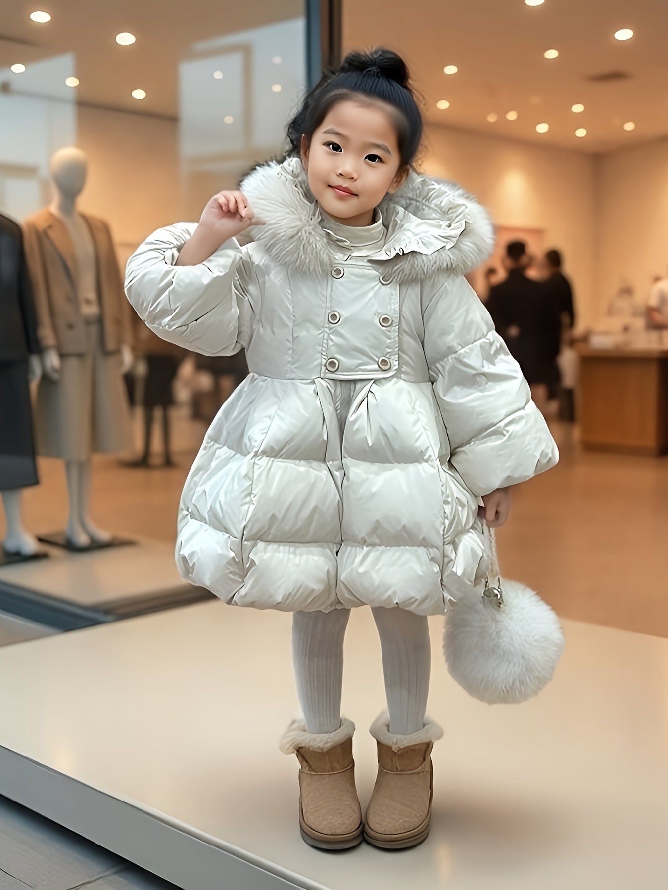 Girls' Winter Coat with Hood & Fur Trim - Thick Warm Long Jacket, A-Line Silhouette, Button Closure, -Filled Insulation & Nylon Lining, White Snowsuit for Girls 3-8 Years (Casual & Formal Outfits) - Pure Princess Coat with Puffy Sleeves, Flared Hem, and
