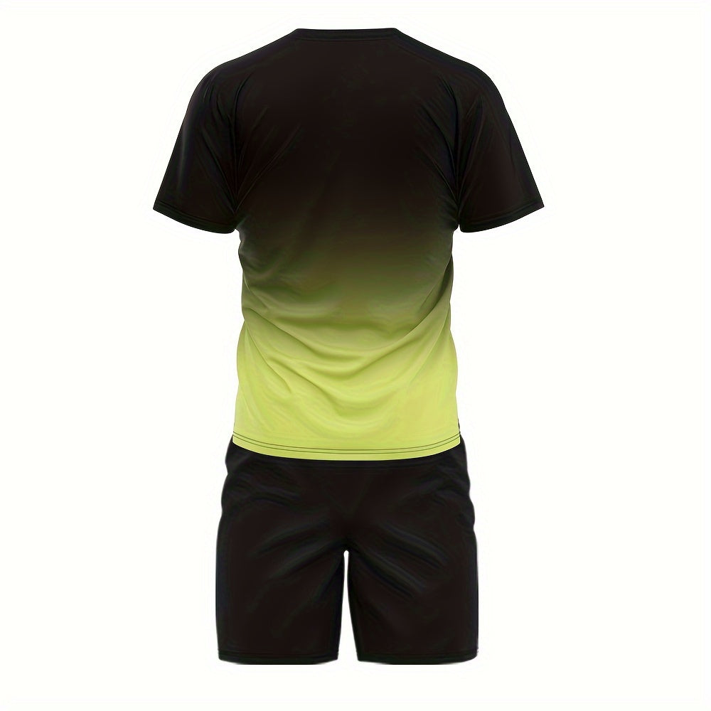Ombre 2Pcs Trendy Outfits For Men, Casual Crew Neck Short Sleeve T-shirt And Drawstring Shorts Set For Summer, Men's Clothing Vacation Workout