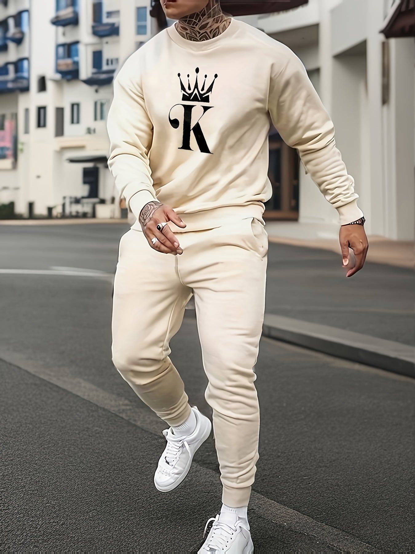 2-Piece NO DAYS OFF Outfit for Men: Crew Neck Long Sleeve Pullover Sweatshirt and Drawstring Sweatpants Joggers Set for Spring Fall