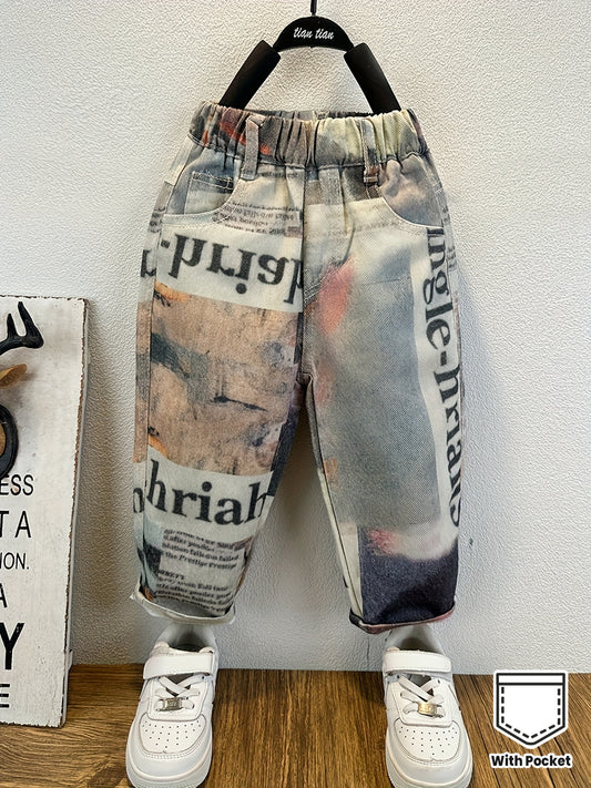 Boys' Trendy Floral Print Denim Jeans - Straight Leg Cotton Pants with Pockets, Casual Street Style for Spring/Fall, Loose Fit & Vibrant Design, Perfect for Outdoor