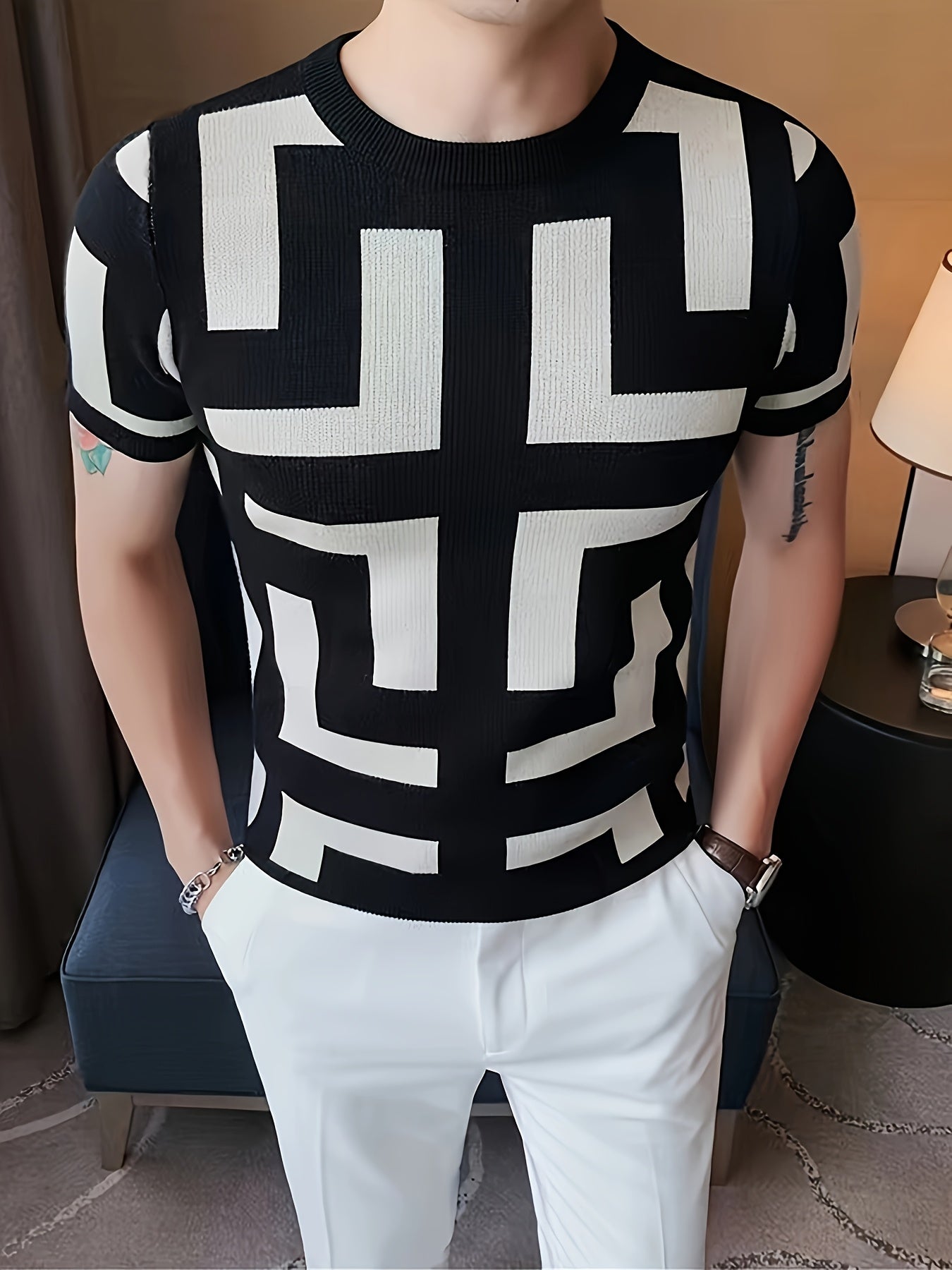 Men's Slim Fit Short Sleeve Knit Sweater - Black & White Geometric Grid Pattern, Breathable Round Neck Pullover for Outdoor Hiking & Casual Wear, Spring Summer Fall, Hiking Gear, Comfortable Knitwear