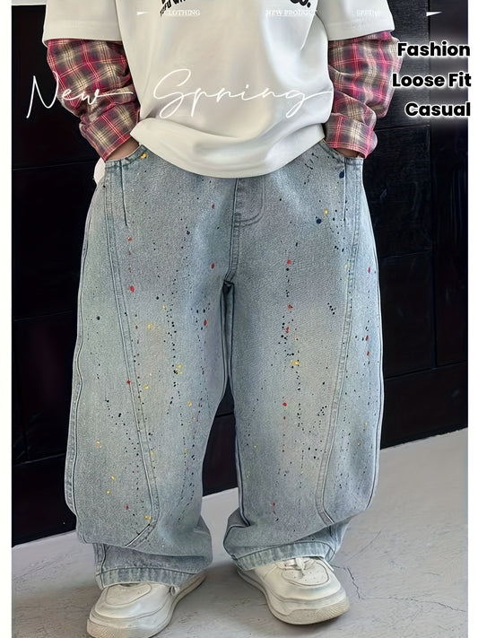 Boys' Loose Fit Washed Denim Jeans with Colorful Paint Splatter Print - Casual Spring, Summer & Fall Pants for Kids, Denim Jeans for Girls, Boy Jeans, Trendy Kids Wear, Nonstretch Fabric