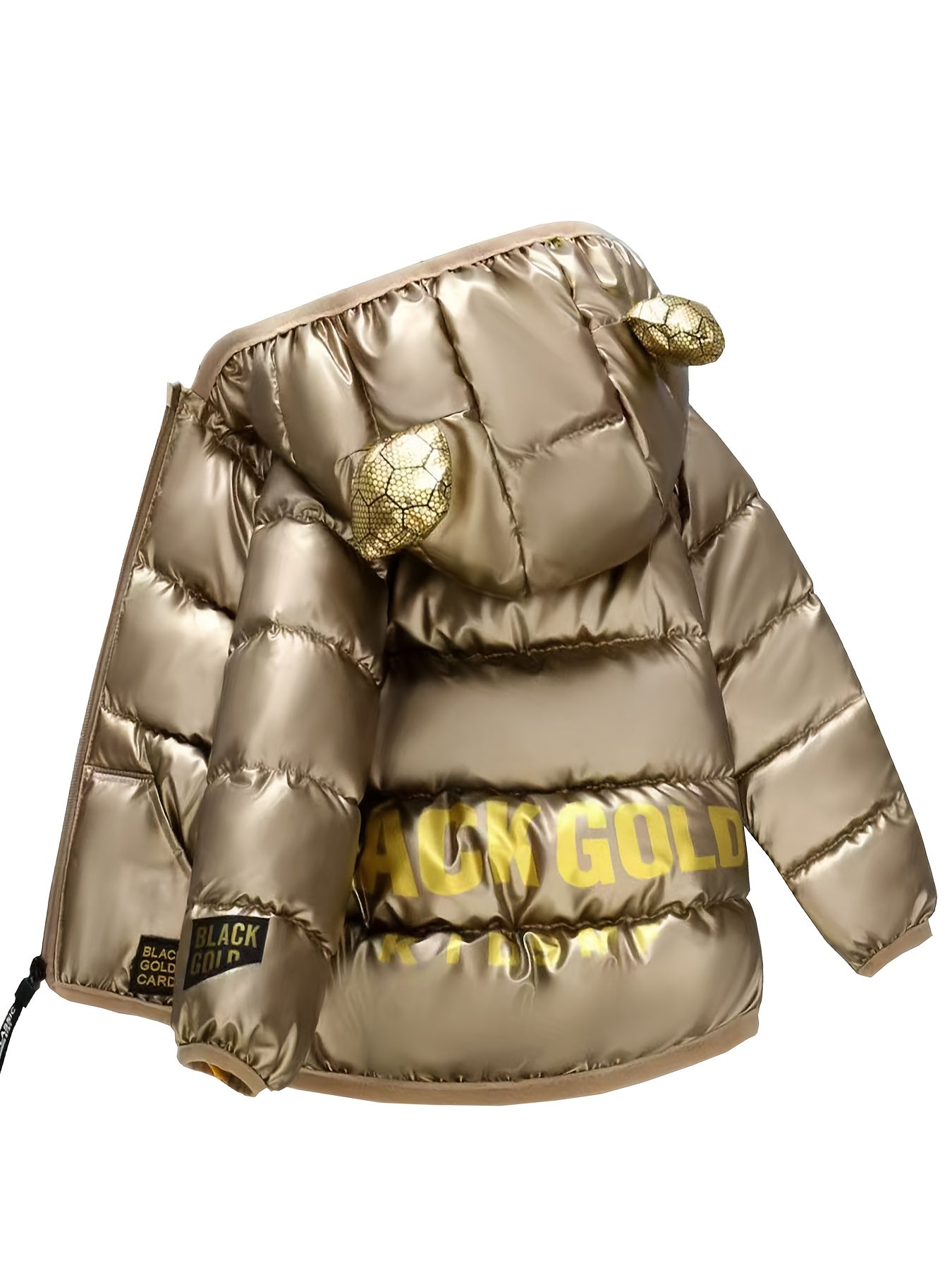 Boys' & Girls' Winter Coat - Warm Zip-Up Hooded Jacket with "ACMGOLO" Print, Golden & Black Design, Long Sleeves, Polyester Filling, Casual Style for All Seasons, Winter Coat for Boys, Allseason Outerwear, Stylish Winter Wear, Durable Winter Wear