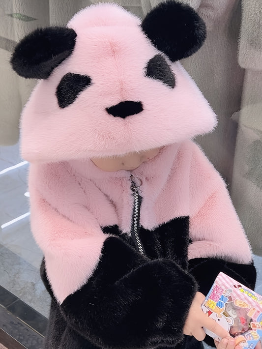 Cozy Panda Plush Jacket - Cute Black & White Faux Fur Coat with Front Zipper, Warm Autumn/Winter Outerwear, Perfect for Hiking, Outdoor Activities & Casual Wear, Panda Gifts