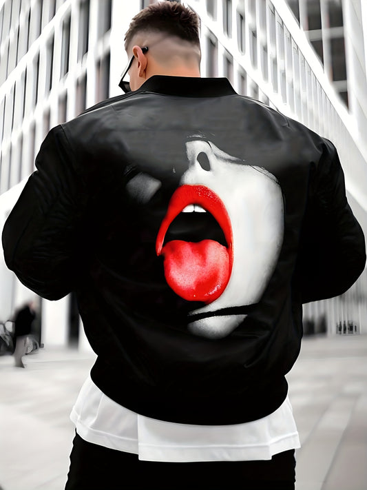 Men'S Casual Baseball Jacket with Bold Red Lips Graphic - Lightweight Long Sleeve Zip-Up Outerwear, White Collar & Cuffs, Polyester Lining, Spring/Fall Fashion Coat, Spring Outerwear | Bold Fashion Jacket | Polyester Jacket
