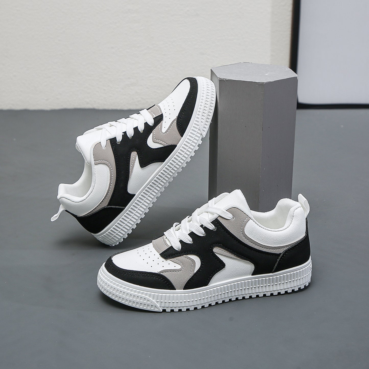 Women's Fashion Color Block Sneakers, Casual Faux Leather Lace Up Low Top Shoes, Lightweight Student Shoes plus size, men & women, unisex