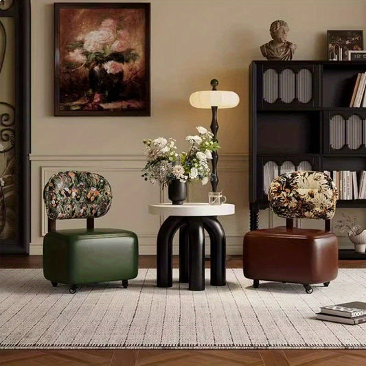 1pc Vintage Floral Print Ottoman with Rolling Casters - Wooden Frame, Leather Upholstery, Memory Foam Cushion, Ideal for Living Room, Sofa Stool, and Shoe Changing - Independent Furniture, No Electricity Needed, Living Room Ottoman|Vintage Floral Design|