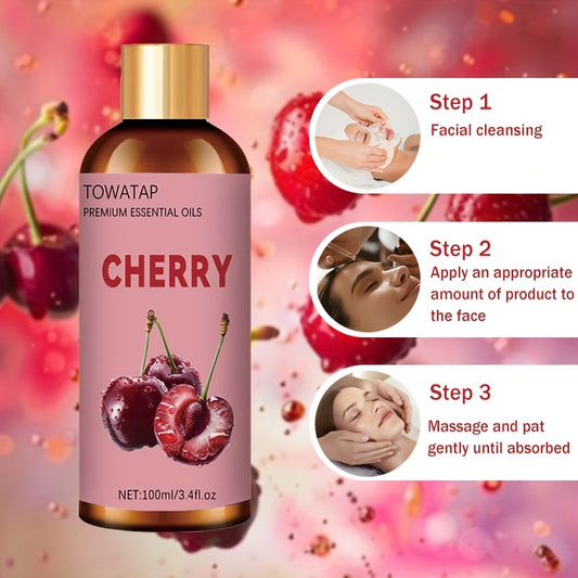 TOWATAP 100% Pure Cherry Essential Oil 100ml - Natural Cherry Extract, Light Beige Moisturizing Oil for Face, Body, Hair, Massage, Diffusers & Bath - Sensitive Light Beige, Men & Women, Cherry Scented Oil