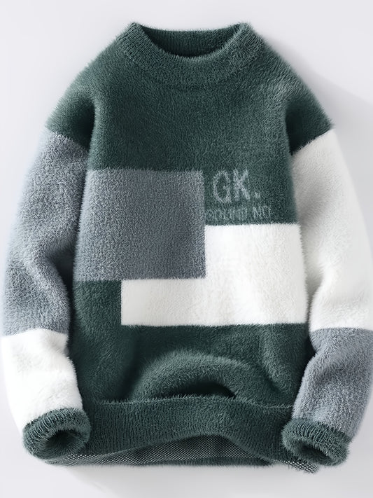 Men's Winter Autumn Outdoor Knit Sweater - Color Block Design with Animal Print, Soft Fleece Lining, Lightweight Breathable Anti-Pilling, Ribbed Cuffs & Hem, Slim Fit Casual Sportswear for Hiking, Dates, Holidays, Sweater for Fall, Date Night Apparel, Mo