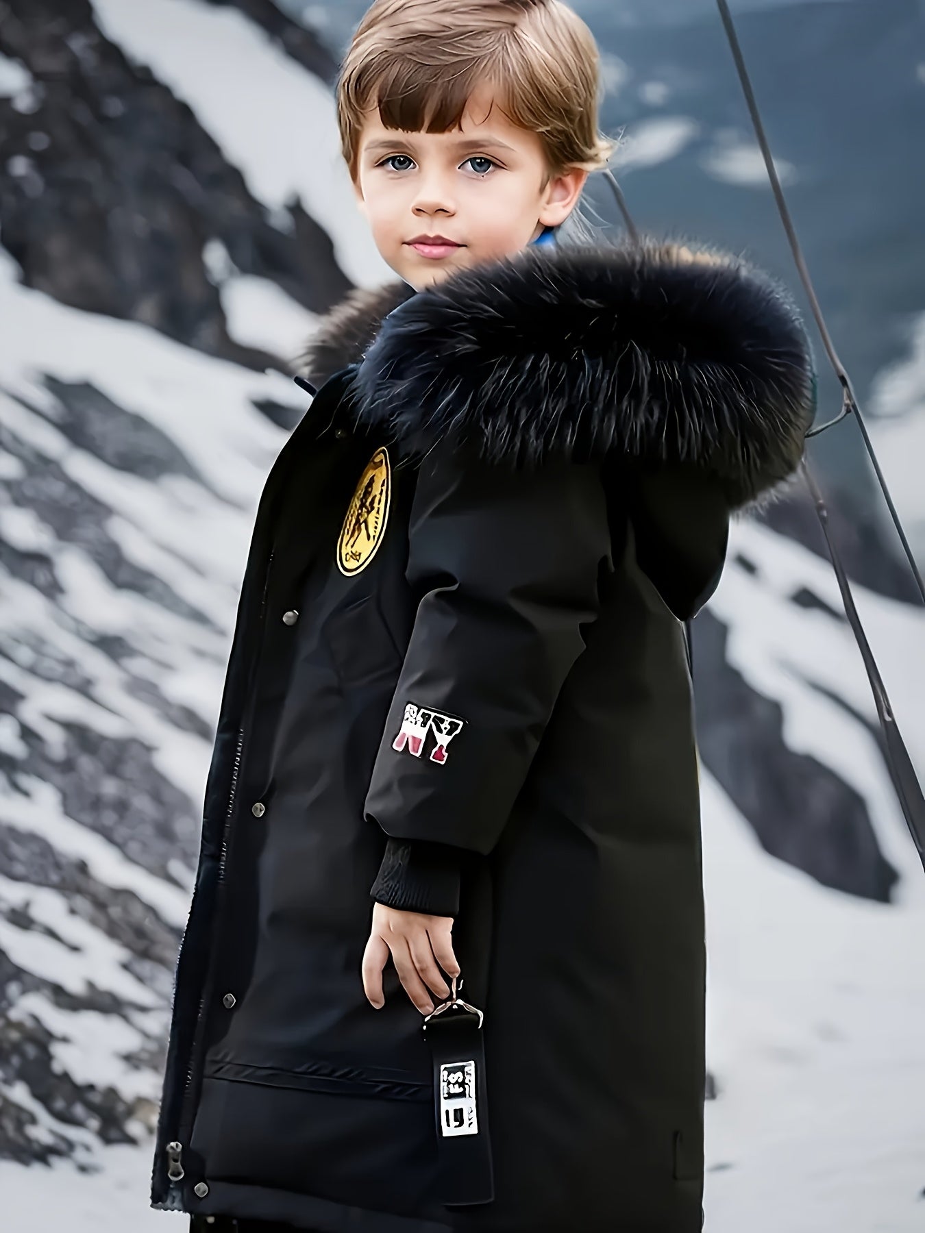 Boys' Winter Thickened Coat, Removable Hood, Mid-Length Suitable for Outdoor Leisure