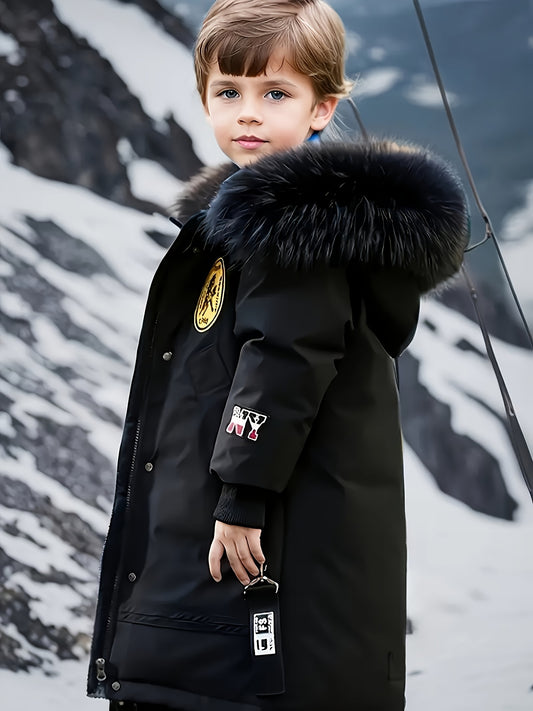 Boys' Winter Thickened Coat, Removable Hood, Mid-Length Suitable for Outdoor Leisure