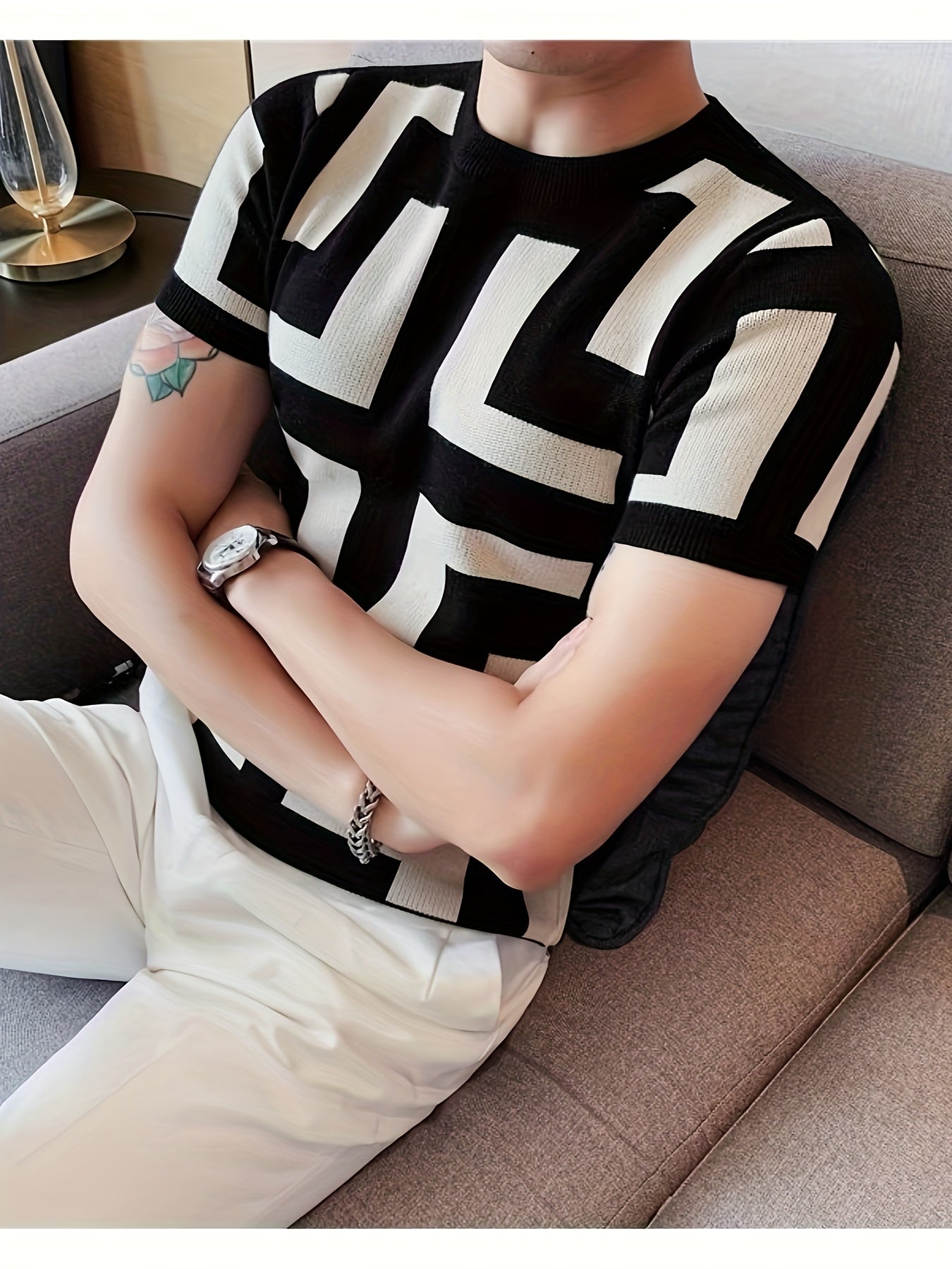 Villa Le Shui OBM Men'S Knitted Sweater, Casual Business Style, Short-Sleeve Pullover with a Round Neck, Comfortable Knitwear for Summer.