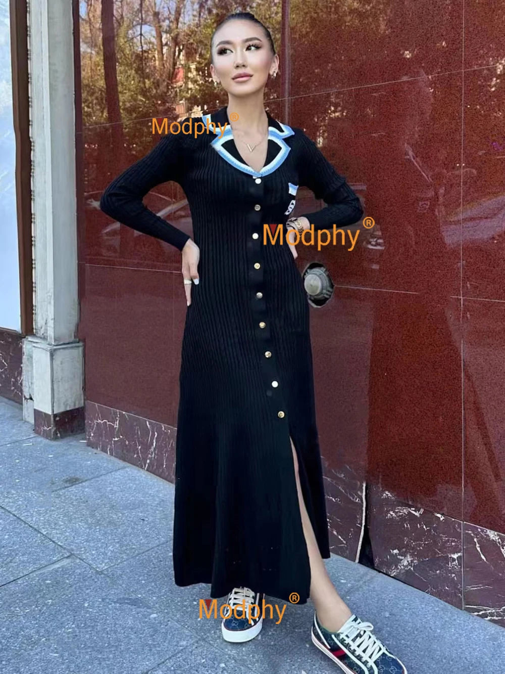 Modphy 2025 Elegant Slim Knitted Long Dress Women's Letter Single Breasted Long Sleeved Designer Vintage Dresses Autumn