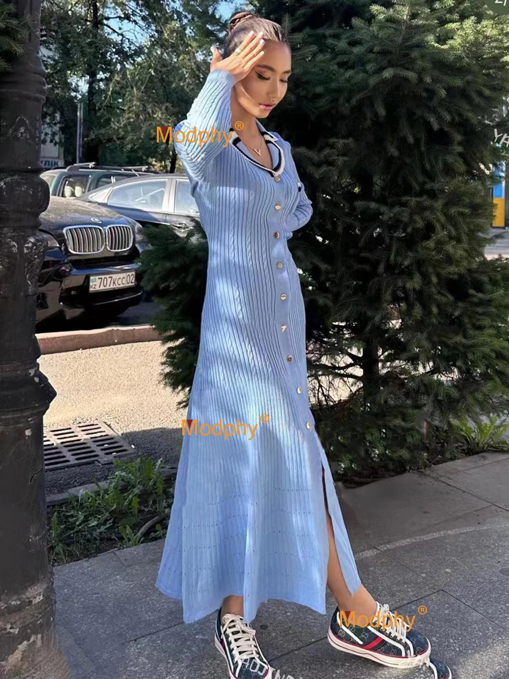 Modphy 2025 Elegant Slim Knitted Long Dress Women's Letter Single Breasted Long Sleeved Designer Vintage Dresses Autumn
