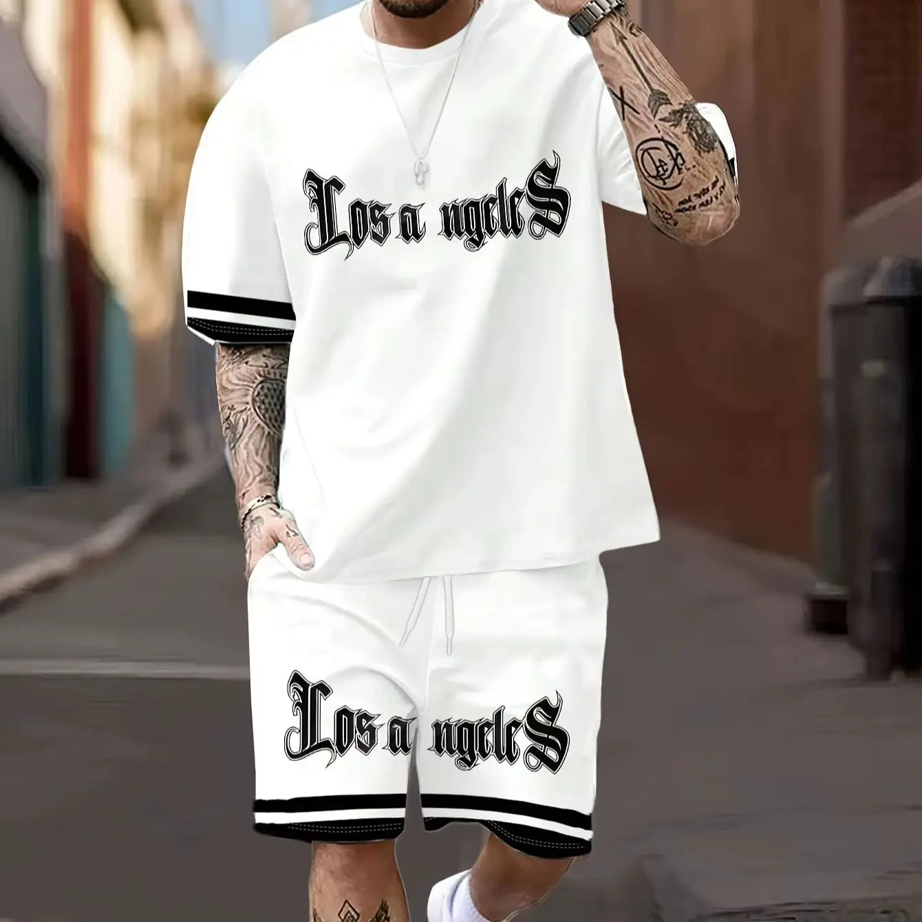 Men's Los Angeles Print Short Sleeve T-Shirt & Shorts Set Round Neck Gradient Short Sleeved Women's T-shirt Shorts Set