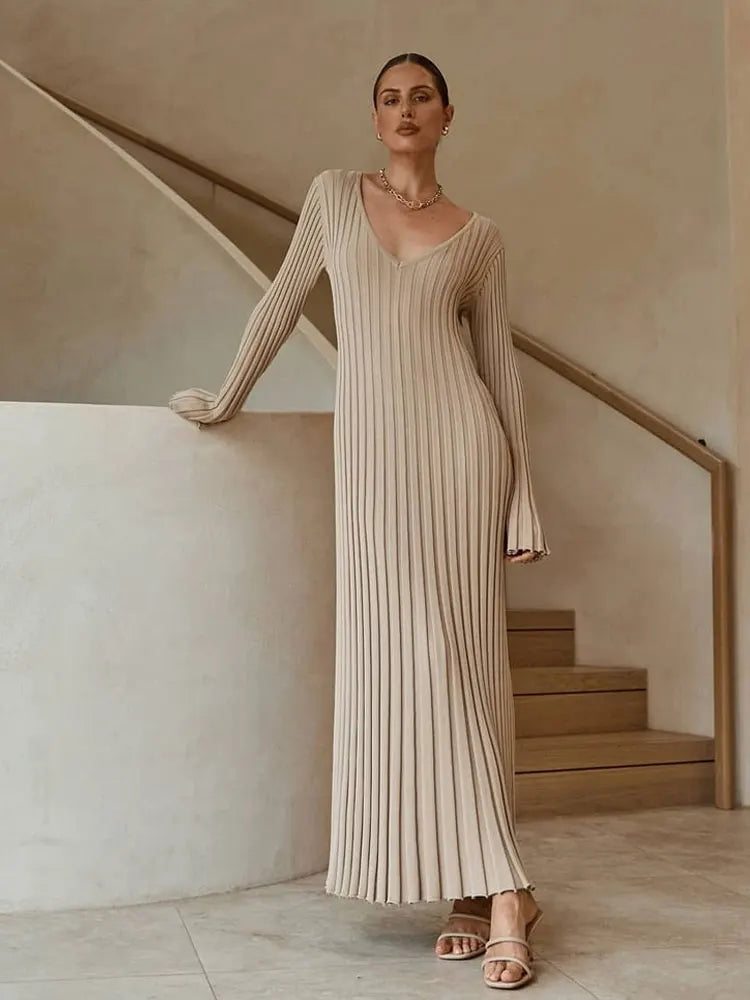 Fashion Knitted Dresses Women's Winter Elegant Pleated Dress Long Sleeve V Neck Lace-up Casual Slim White Black Street White New