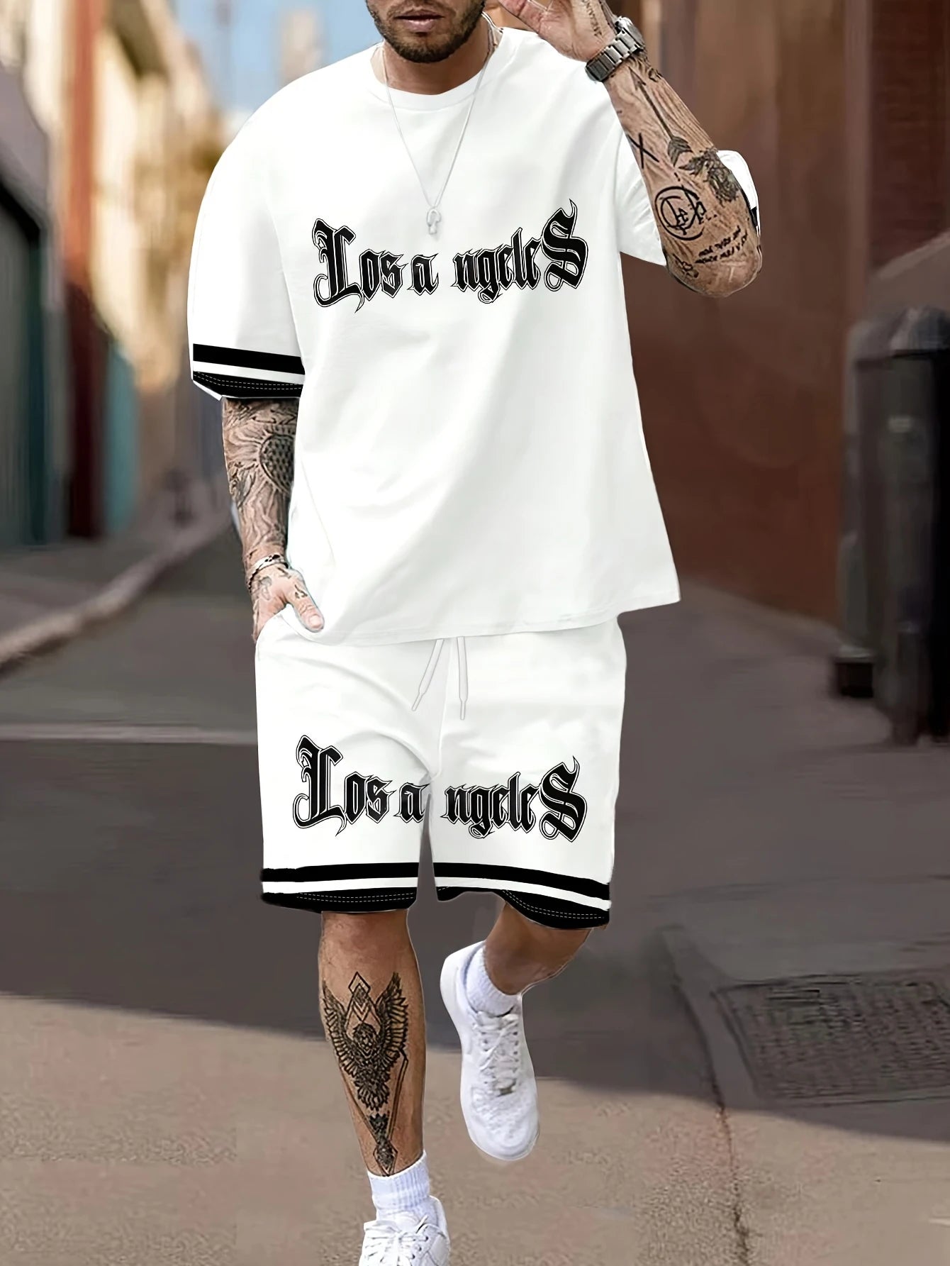 Men's Los Angeles Print Short Sleeve T-Shirt & Shorts Set Round Neck Gradient Short Sleeved Women's T-shirt Shorts Set