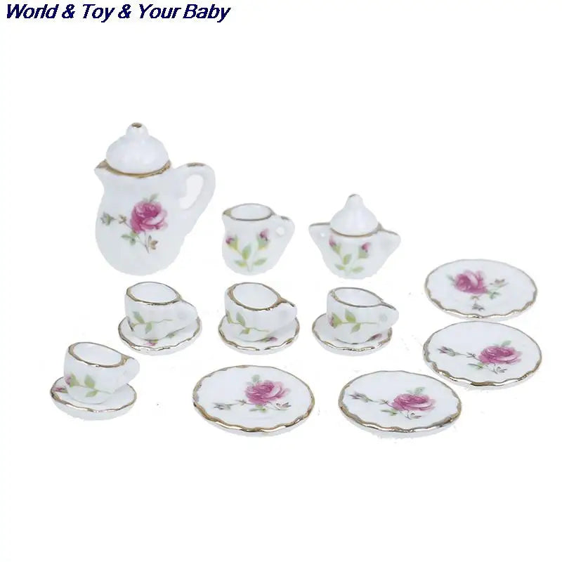 15Pcs 1:12 Miniature Porcelain Tea Cup Set Chintz Flower Tableware Kitchen Dollhouse Furniture Toys For Children