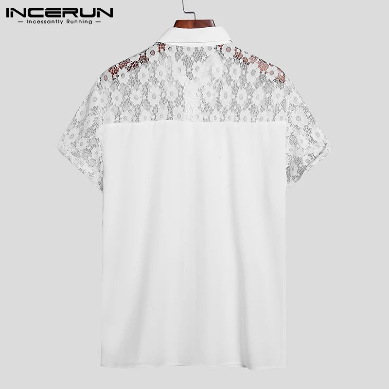 INCERUN Men Shirt Lace Mesh Patchwork Lapel Short Sleeve Streetwear See Through Sexy Camisas Summer 2024 Party Men Clothing