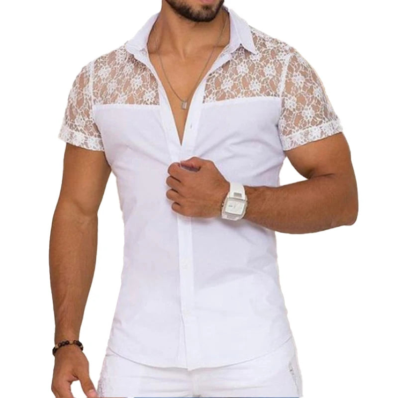 INCERUN Men Shirt Lace Mesh Patchwork Lapel Short Sleeve Streetwear See Through Sexy Camisas Summer 2024 Party Men Clothing