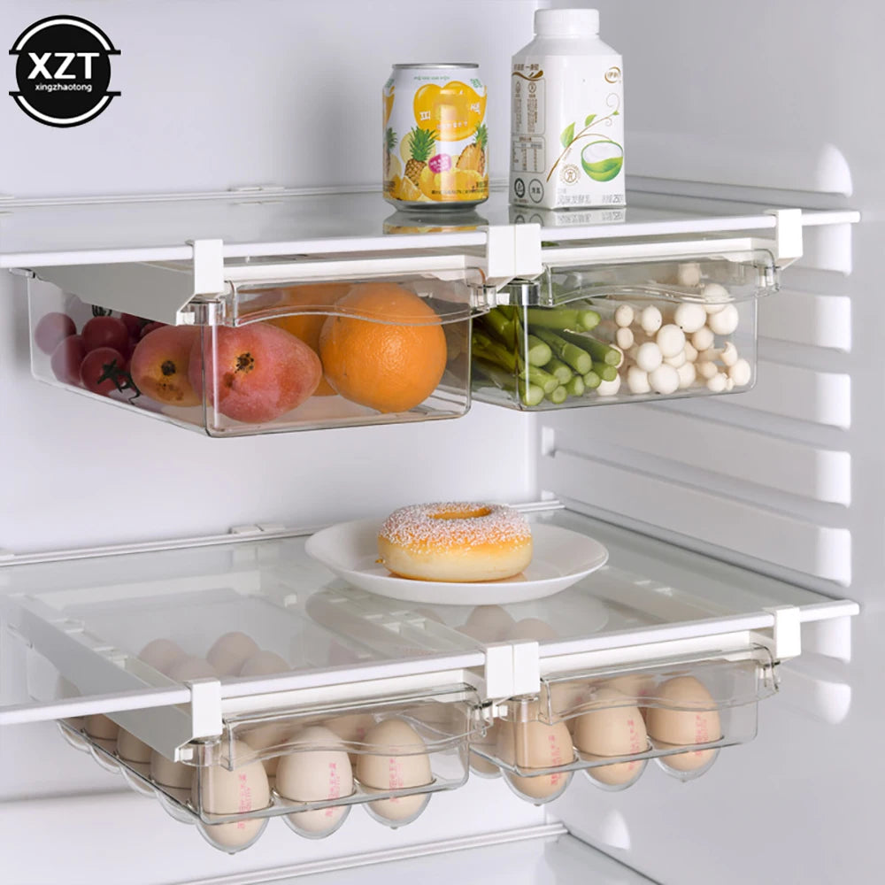 New Kitchen Fruit Food Storage Box Plastic Clear Fridge Organizer Slide Under Shelf Drawer Box Rack Holder Refrigerator Drawer