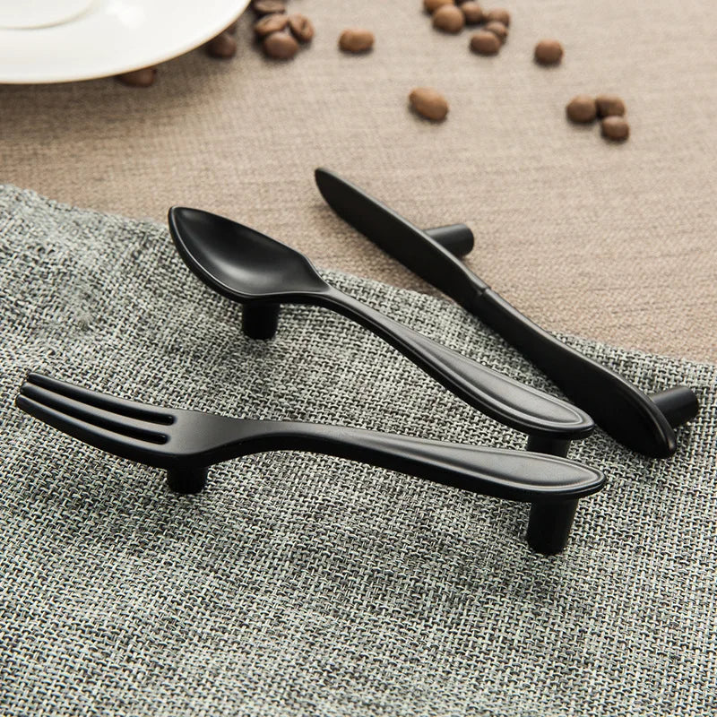 Creative Cutlery Furniture Cabinet Handle Knife And Fork Spoon Black Cupboard Kitchen Knobs Drawer Door Pull 76 Hole Distance