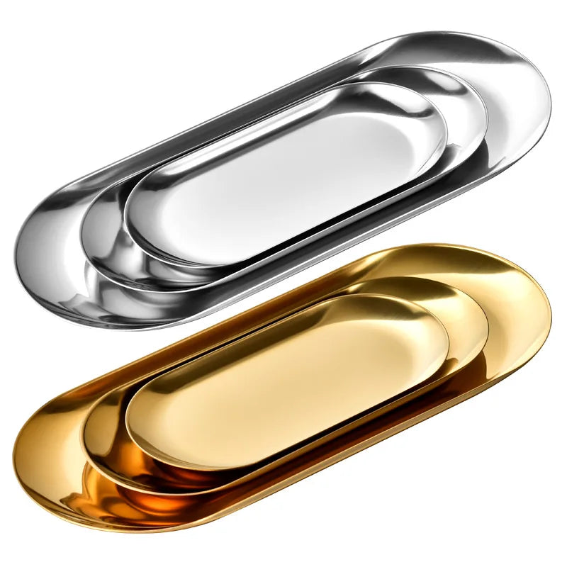 Stainless Steel European Jewelry Storage Tray Metal Cosmetic Storage Oval Cake Fruit Dessert Tray Snack Plate Kitchen Organizer